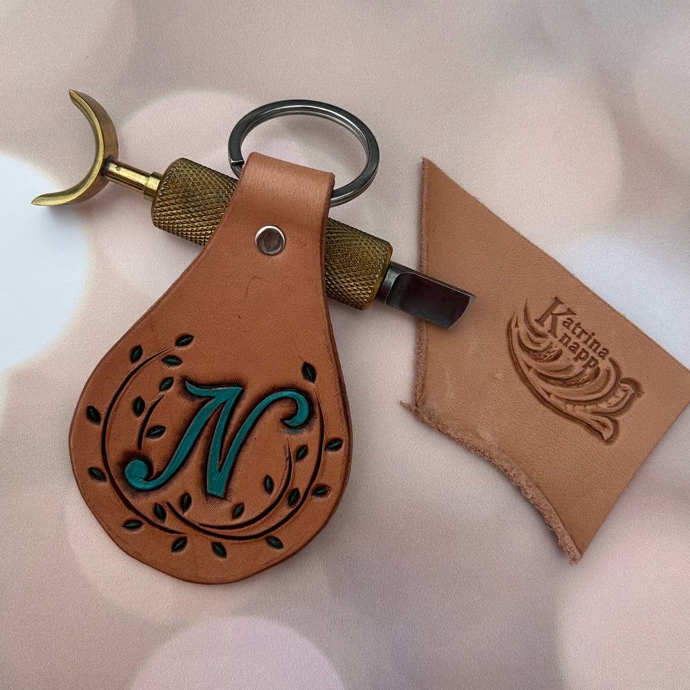 Hand-Tooled Leather Keychain with Letter N